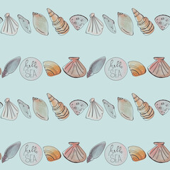 Watercolor seashell sea oceanic square seamless pattern isolate on blue background. Print for fabric, textile, postcard, banner, poster, stationery, wrapping paper, packaging, brand