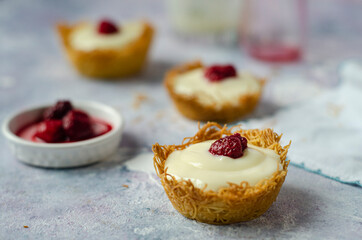 Raspberry with pudding on a bed of kadayif