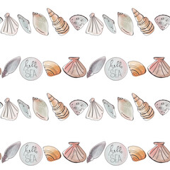 Watercolor seashell sea oceanic square seamless pattern isolate on white background. Print for fabric, textile, postcard, banner, poster, stationery, wrapping paper, packaging, brand