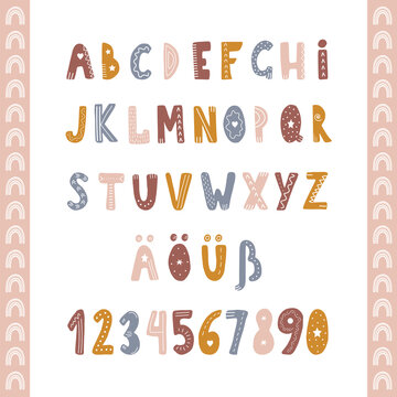 Hand drawn german alphabet in boho style. Cute childish letters and numbers for banners, nursery design, postcards. Clipart isolated in white background. Vector illustration in flat cartoon style.