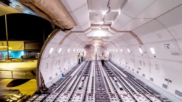 Loading air cargo freighter inside aircraft cargo hold extended loop	
