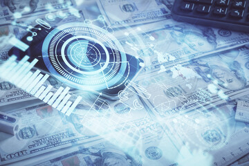 Multi exposure of business theme drawing over us dollars bill background. Concept of financial success.