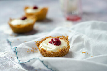 Raspberry with pudding on a bed of kadayif
