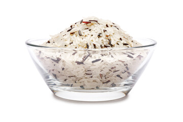 Raw Rice in a glass bowl isolated on a white background with clipping path embedded