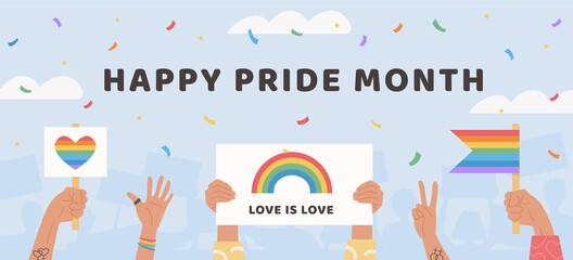 Vector Banner Happy Pride Month. People holding flags and placard with lgbt rainbow, signs and other symbols during pride parade celebration. Gay parade. Human rights, love is love. Flat Illustration.