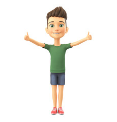 Cartoon character guy shows two thumbs up on a white background. 3d render illustration.