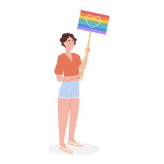 LGTB activist with short hair in shorts at pride parade holding placard with rainbow flag with heart. Lesbian Homosexual Girl at demonstration for equal rights. Vector flat character on white