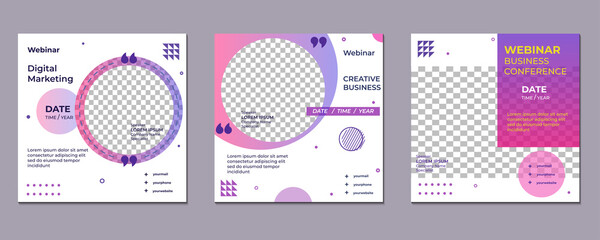Naklejka premium Set of modern creative webinar social media post templates for concept design with gradient purple color. Suitable for online marketing promotion banner, webinar, seminar, flyer, ads, etc.