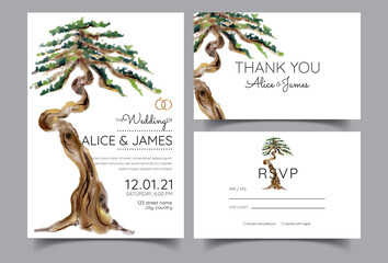 wedding invitations with the theme of bonsai, old trees