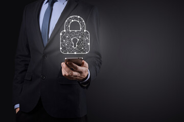 Cyber security network. Padlock icon and internet technology networking. Businessman protecting data personal information on tablet and virtual interface. Data protection privacy concept. GDPR. EU