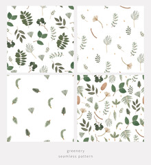 Forest greenery seamless pattern. Hand drawn green botanical background. Pine tree branches natural fabric print. Foliage digital paper. Perfect for gift wrap, packaging, greeting cards, invitation.