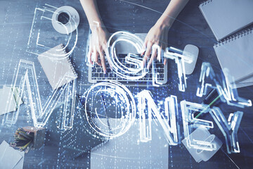 Double exposure of woman hands working on computer and blockchain theme hologram drawing. Top View. bitcoin cryptocurrency concept.