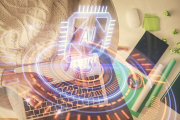Double exposure of woman hands working on computer and data theme hologram drawing. Top View. Technology concept.