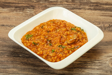 Traditional Georgian Kharcho soup with meat