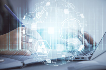 Double exposure of woman hands typing on computer and social network theme hologram drawing. People media concept.