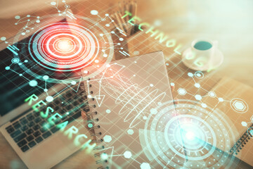 Multi exposure of woman hands working on computer and data theme hologram drawing. Tech concept.