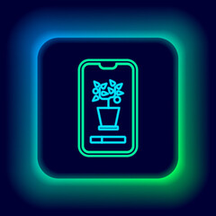 Glowing neon line Smart control farming system mobile application icon isolated on black background. Colorful outline concept. Vector