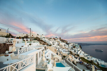 Clifftop views of the volcanic caldera in Santorini, Greece