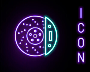 Glowing neon line Car brake disk with caliper icon isolated on black background. Colorful outline concept. Vector