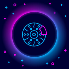 Glowing neon line Car brake disk with caliper icon isolated on black background. Colorful outline concept. Vector