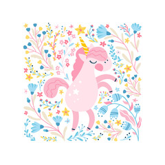 Unicorn in a flower fairy forest. Square map frame. Vector cartoon cute characters, simple childish hand-drawn scandinavian style. The colorful baby limited palette is ideal for printing.