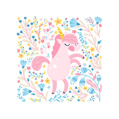 Obraz premium Unicorn in a flower fairy forest. Square map frame. Vector cartoon cute characters, simple childish hand-drawn scandinavian style. The colorful baby limited palette is ideal for printing.