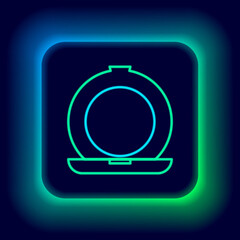 Glowing neon line Makeup powder with mirror icon isolated on black background. Colorful outline concept. Vector
