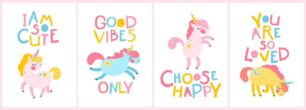 Unicorn slogan set. Letterring motivational phrase. Vector cartoon cute characters, simple childish hand-drawn scandinavian style. The colorful baby limited palette is ideal for printing.