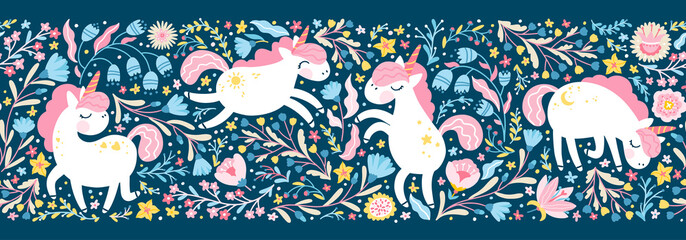Unicorn in flower fairy forest seamless border pattern. Vector cartoon cute characters in simple childish hand-drawn scandinavian style. The colorful palette ideal for printing baby textiles, clothing © Світлана Харчук