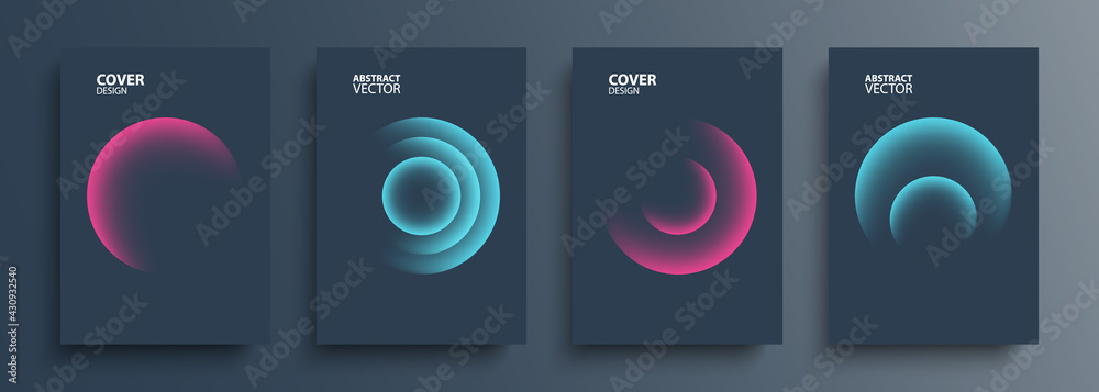 Aufkleber Cover templates set with vibrant gradient round shapes. Futuristic abstract backgrounds with glossy sphere for your creative graphic design. Vector illustration.
