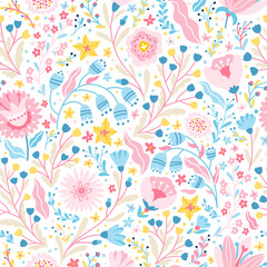 Floral fabulous seamless pattern. Vector cartoon cute flowers in simple childish hand-drawn scandinavian style. Colorful palette on white background ideal for printing baby textiles, clothing
