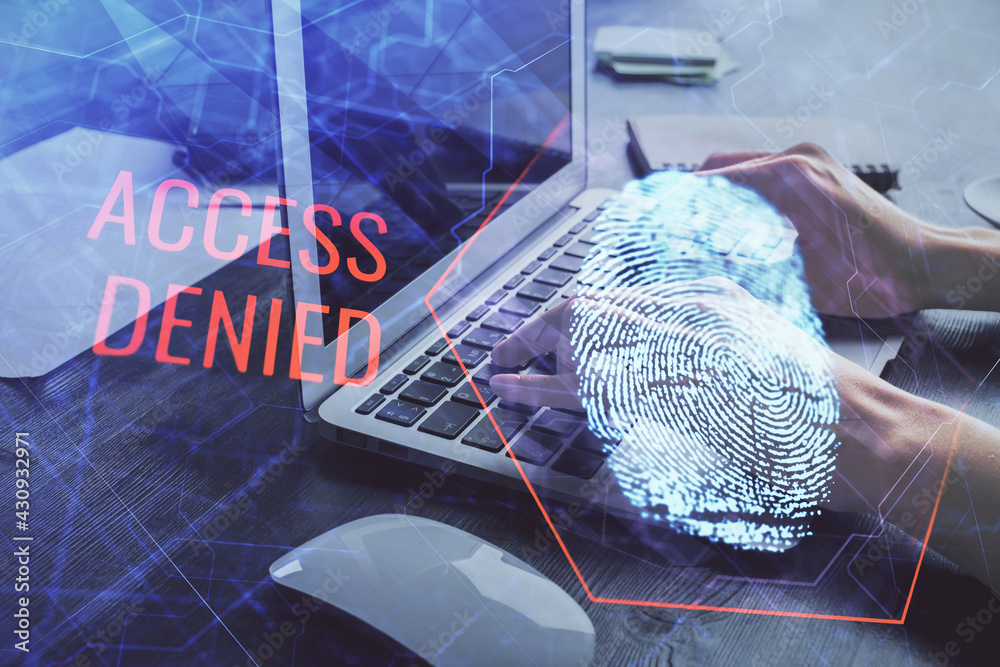 Poster double exposure of woman hands typing on computer and fingerprint drawing. security concept.