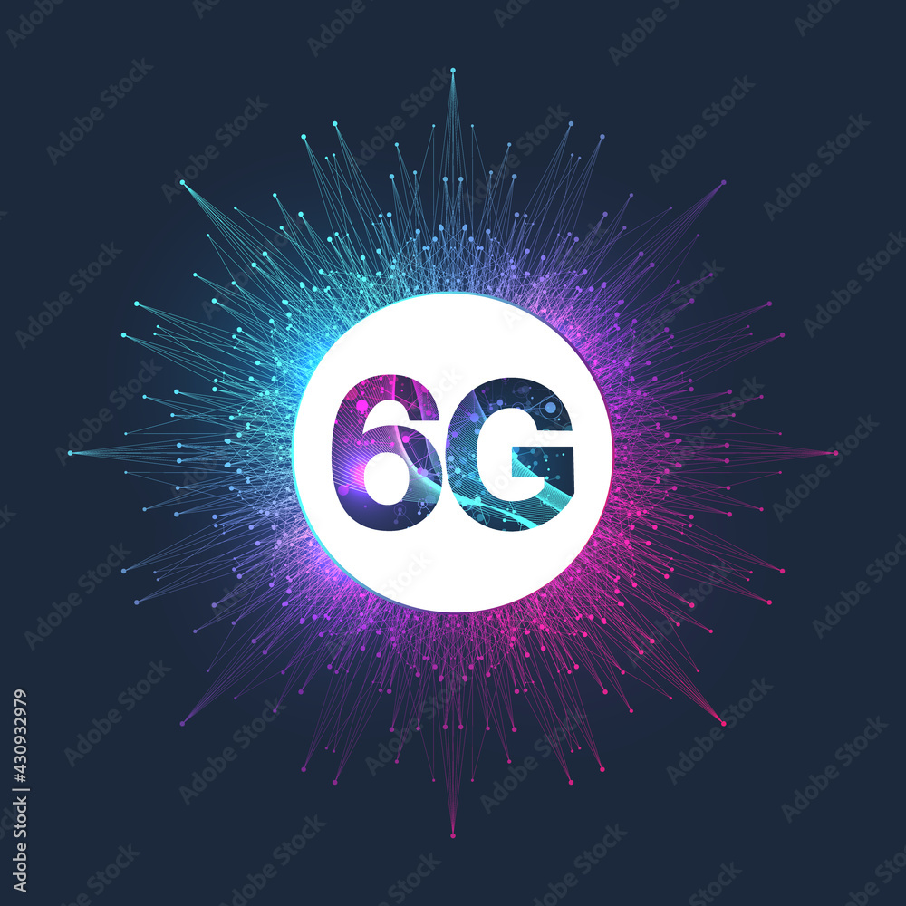 Poster Concept of future technology 6G network wireless systems. The concept of 6G network, high-speed mobile Internet, new generation networks. Banner. Vector illustration.