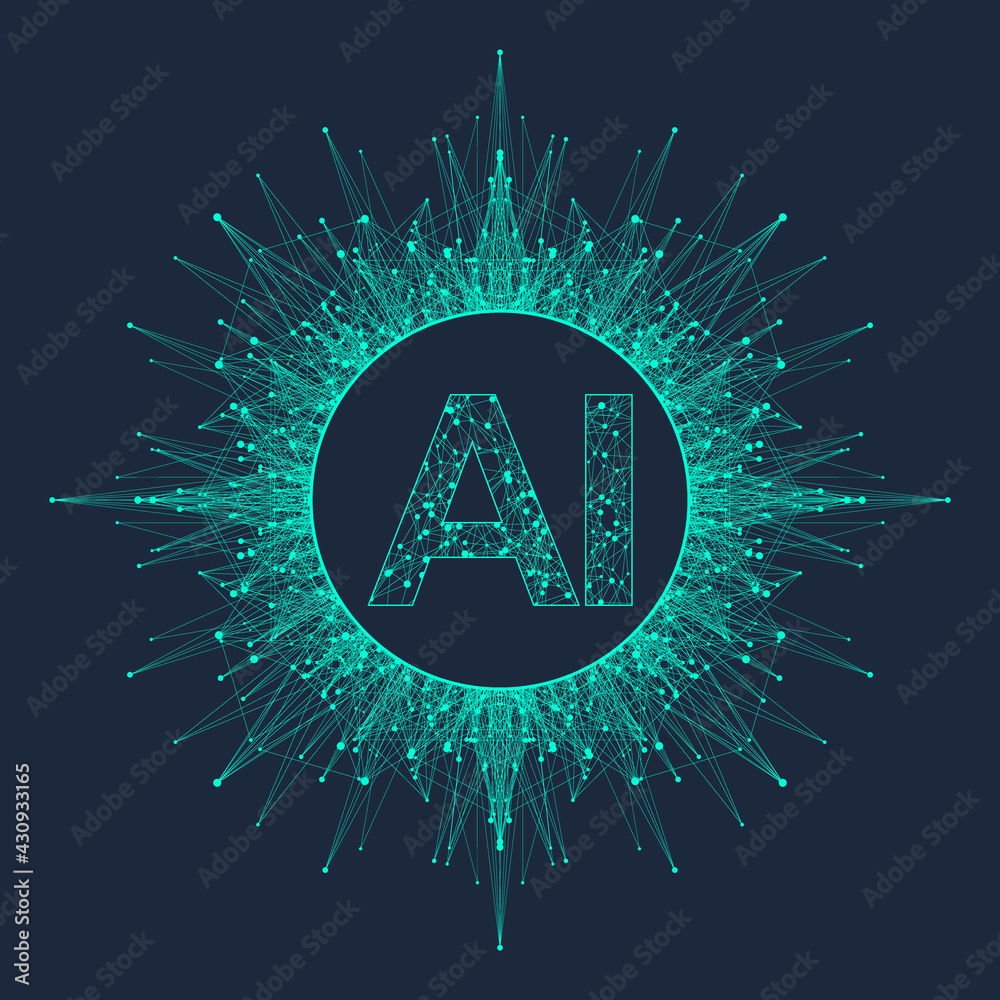 Aufkleber Artificial Intelligence Logo Plexus effect. Artificial Intelligence and Machine Learning Concept. Vector symbol AI. Neural networks and another modern technologies concepts. Technology sci-fi concept.