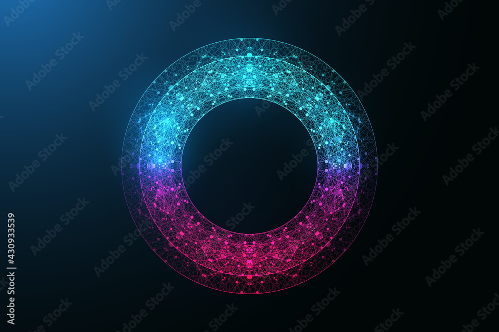 Poster Digital neon color circle with connecting dots and lines in abstract style. Futuristic digital neon frame. Polygonal neon round shape, vector illustration.