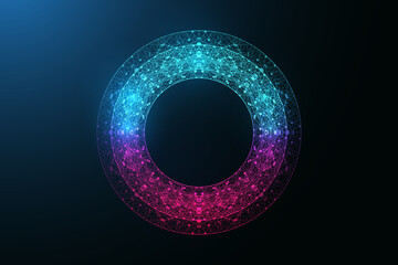 Digital neon color circle with connecting dots and lines in abstract style. Futuristic digital neon frame. Polygonal neon round shape, vector illustration.