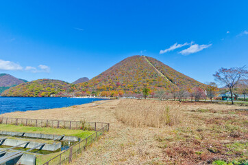 Mt. Haruna and Lake Haruna in autumn.