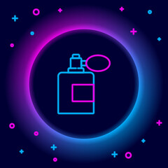 Glowing neon line Aftershave bottle with atomizer icon isolated on black background. Cologne spray icon. Male perfume bottle. Colorful outline concept. Vector