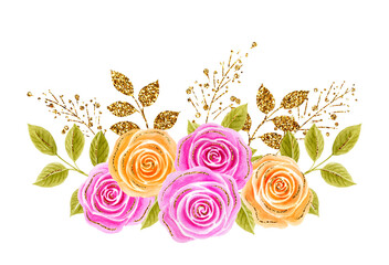 Roses flowers bouquet. Hand drawn watercolor painting with pink and yellow roses golden and glittering foliage isolated on white background. Design element for greeting card.