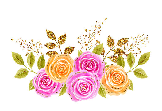 Roses flowers bouquet. Hand drawn watercolor painting with pink and yellow roses golden and glittering foliage isolated on white background. Design element for greeting card.