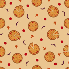 seamless pattern of pizza, pizza slices and toppings, onions, mushrooms, pepperoni in a neutral light orange background, vector illustration