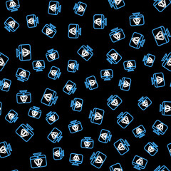 Line Computer monitor with exclamation mark icon isolated seamless pattern on black background. Alert message smartphone notification. Vector