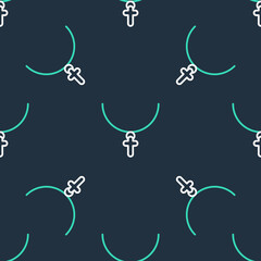 Line Christian cross on chain icon isolated seamless pattern on black background. Church cross. Vector