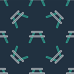 Line Picnic table with benches on either side of the table icon isolated seamless pattern on black background. Vector