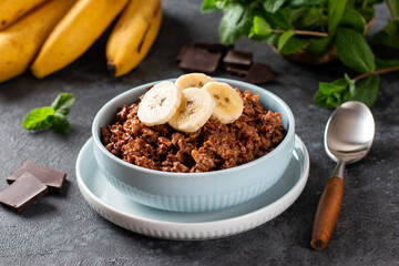 Chocolate oatmeal porridge with banana in bowl, decorated mint, horizontal, close up