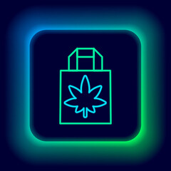 Glowing neon line Shopping paper bag of medical marijuana or cannabis leaf icon isolated on black background. Buying cannabis. Hemp symbol. Colorful outline concept. Vector