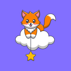 cute fox on the cloud cartoon illustration