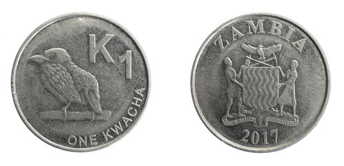 Zambia one kwacha coin on a white isolated background