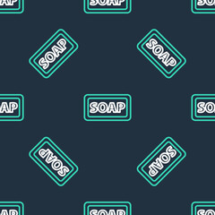 Line Bar of soap icon isolated seamless pattern on black background. Soap bar with bubbles. Vector