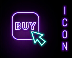 Glowing neon line Buy button icon isolated on black background. Colorful outline concept. Vector